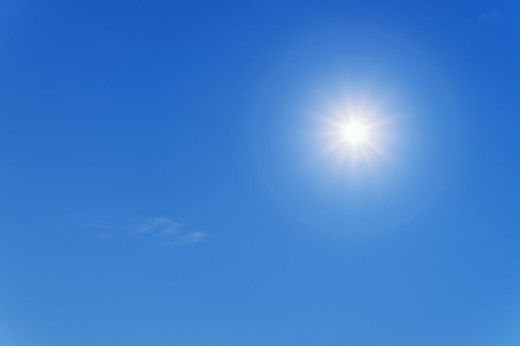 sun, sky, blue, nature, sunlight, sunbeam, sun rays, atmosphere, warm, hot, summer, blue sky, clear sky, daylight, day